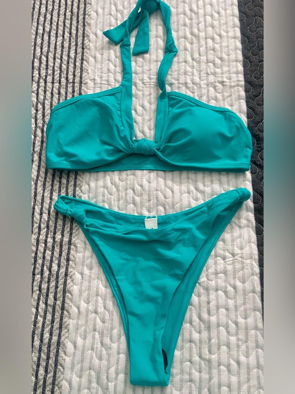 Halter Bandeau Bikini Set in Turquoise Knot Detail French Cut - NWOT - Large